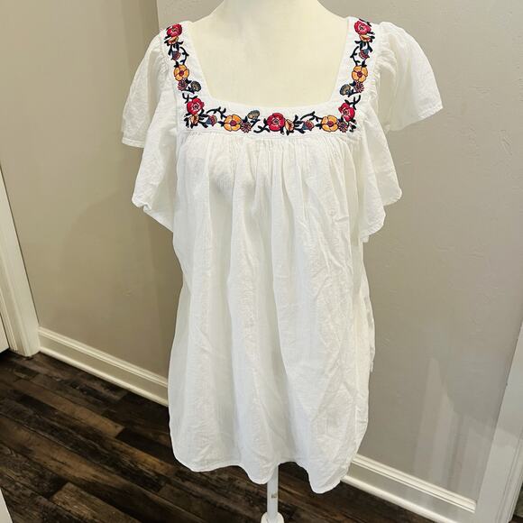 Liz Claiborne Tops - Liz Claiborne Petite PXL Peasant Blouse Tunic Embroidered Floral White (A0125)